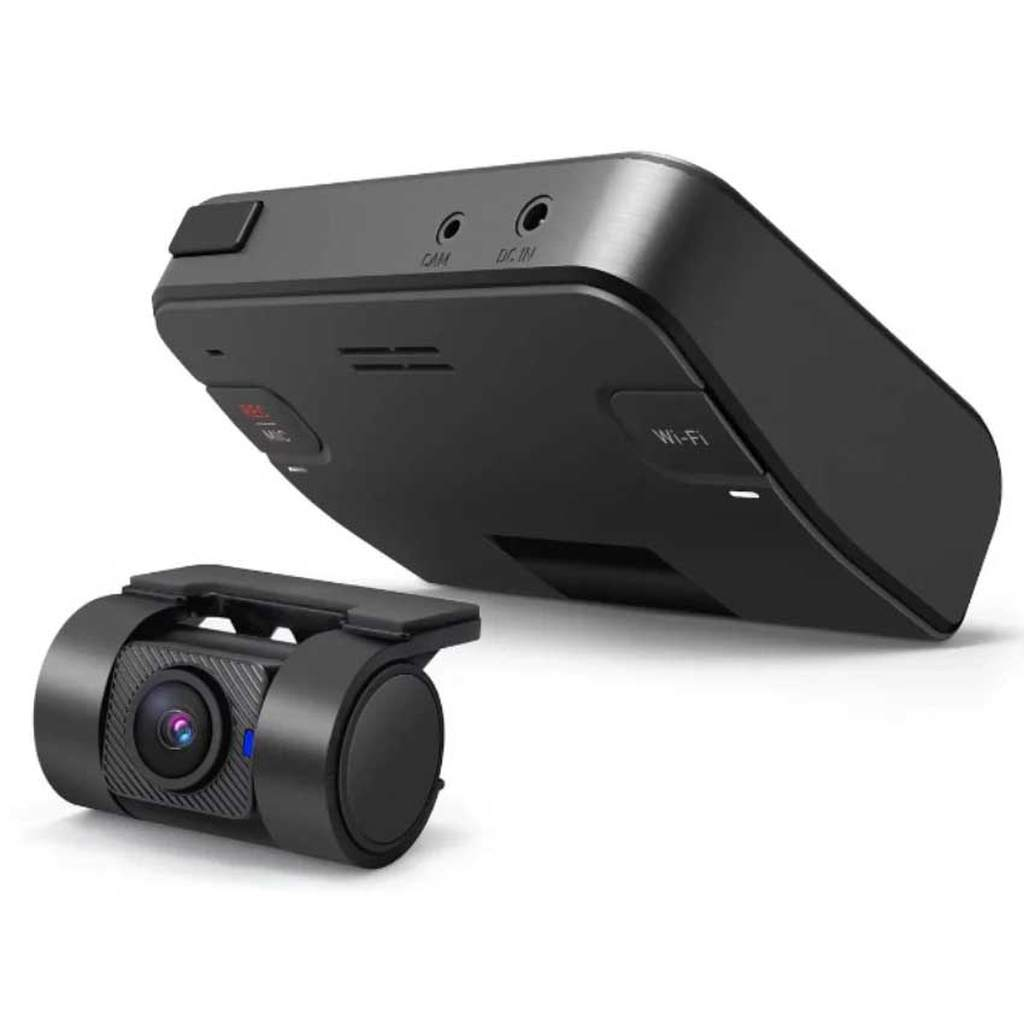 Twee zwarte auto camera's, een grotere en een kleinere, op witte achtergrond.