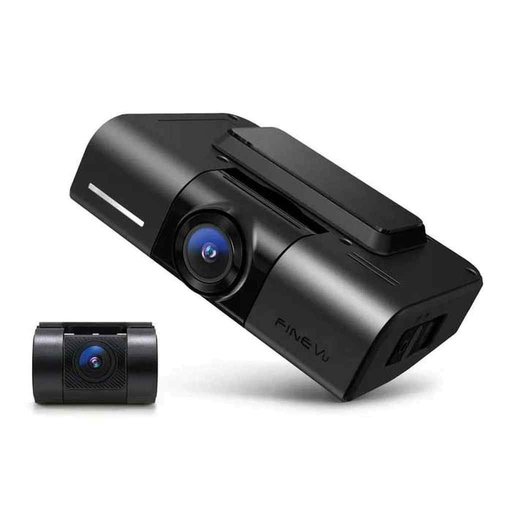 Twee zwarte dashcams op een witte achtergrond. Eén is groter, de ander kleiner.