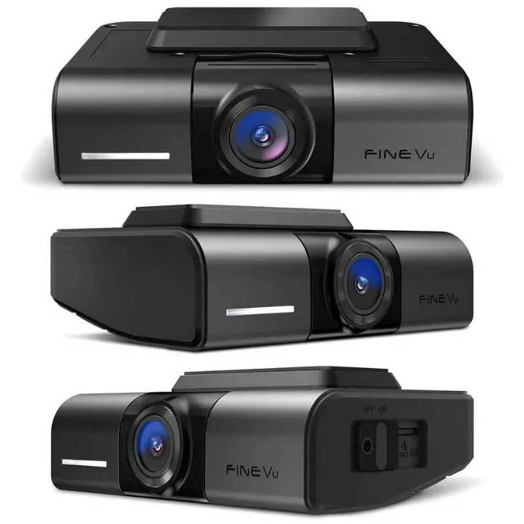 Drie weergaven van een zwarte dubbele dashcam met blauwe lenzen en FINE VU-logo.