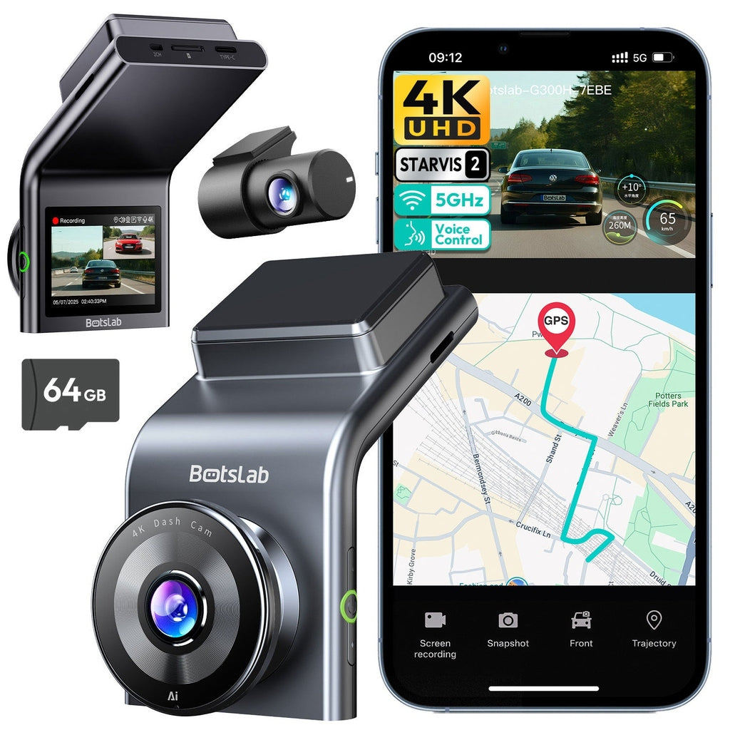 Dashcam set met hoofd-, achtercamera, SD-kaart en smartphone-app.