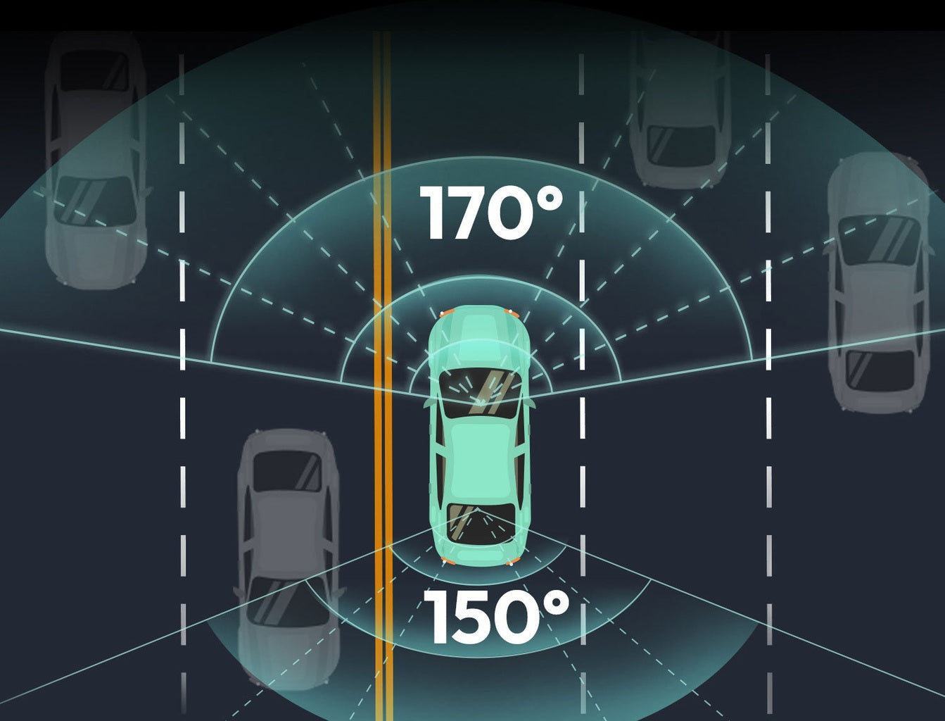 Een turquoise auto rijdt op een weg, omringd door grijze auto's en zichtlijnen.