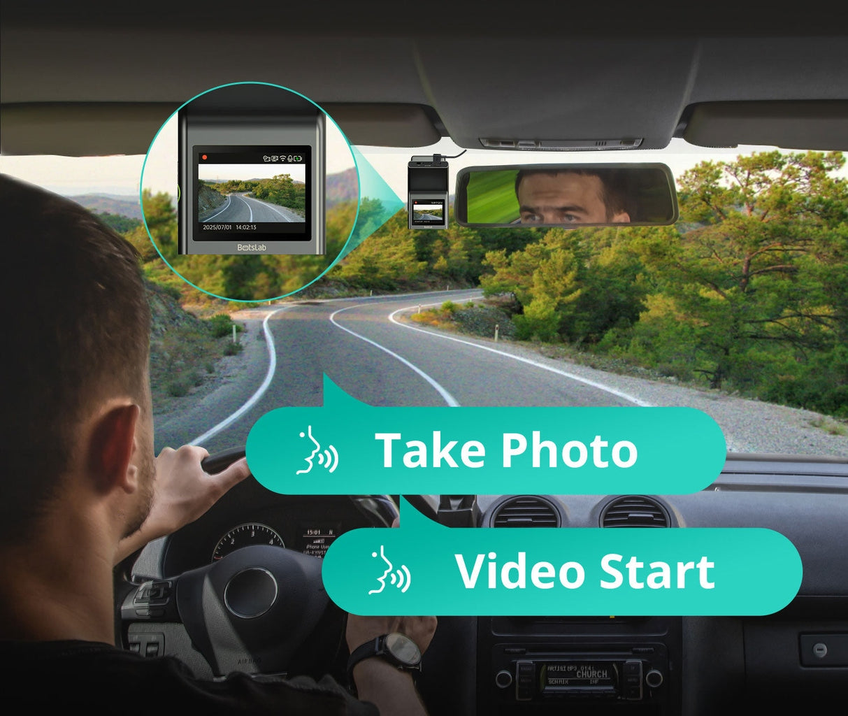 Uitzicht bestuurder: Dashcam toont weg. Spraakopdrachten: Foto maken, Video starten.
