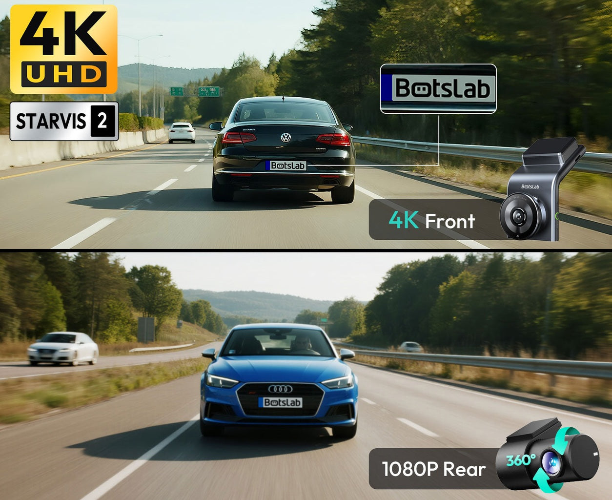 Dubbele dashcam beelden: 4K vooruitzicht zwarte auto, 1080P achteruitzicht blauwe Audi.