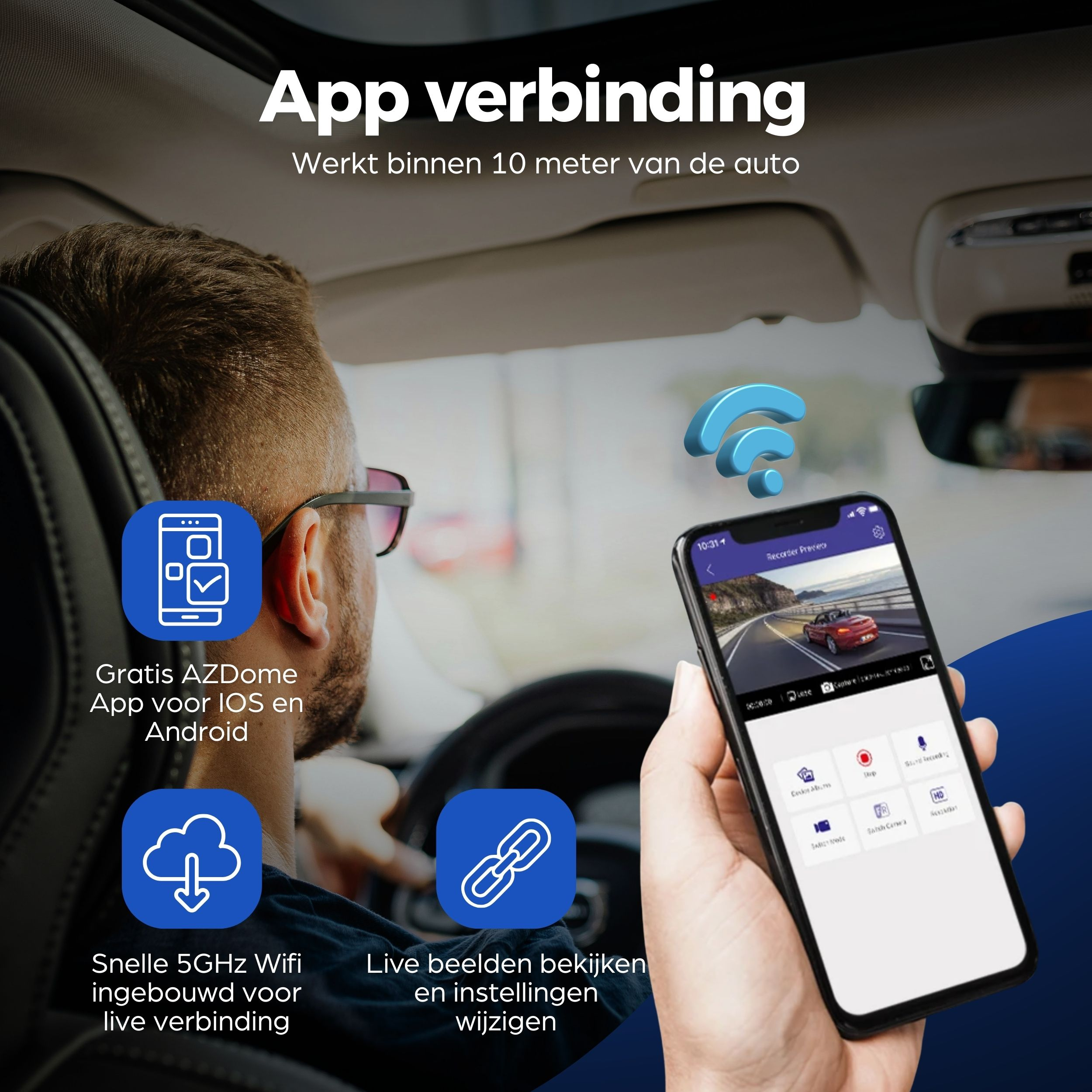 Man in auto toont smartphone met app-weergave en iconen voor gratis app, WiFi en verbinding.