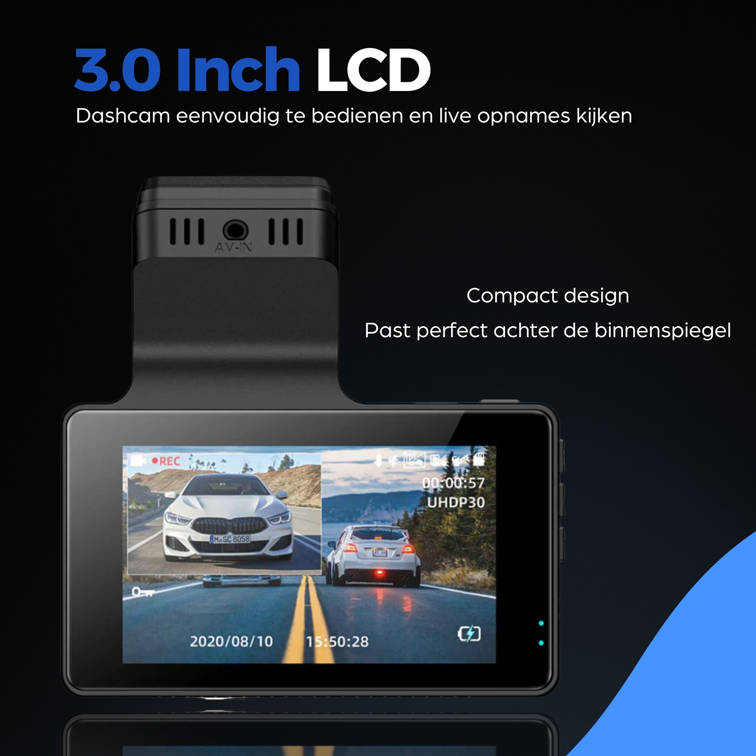 Een dashcam met een 3,0 inch LCD-scherm toont een gesplitste weergave van een witte auto links en een witte auto van achteren rechts, rijdend op een weg.