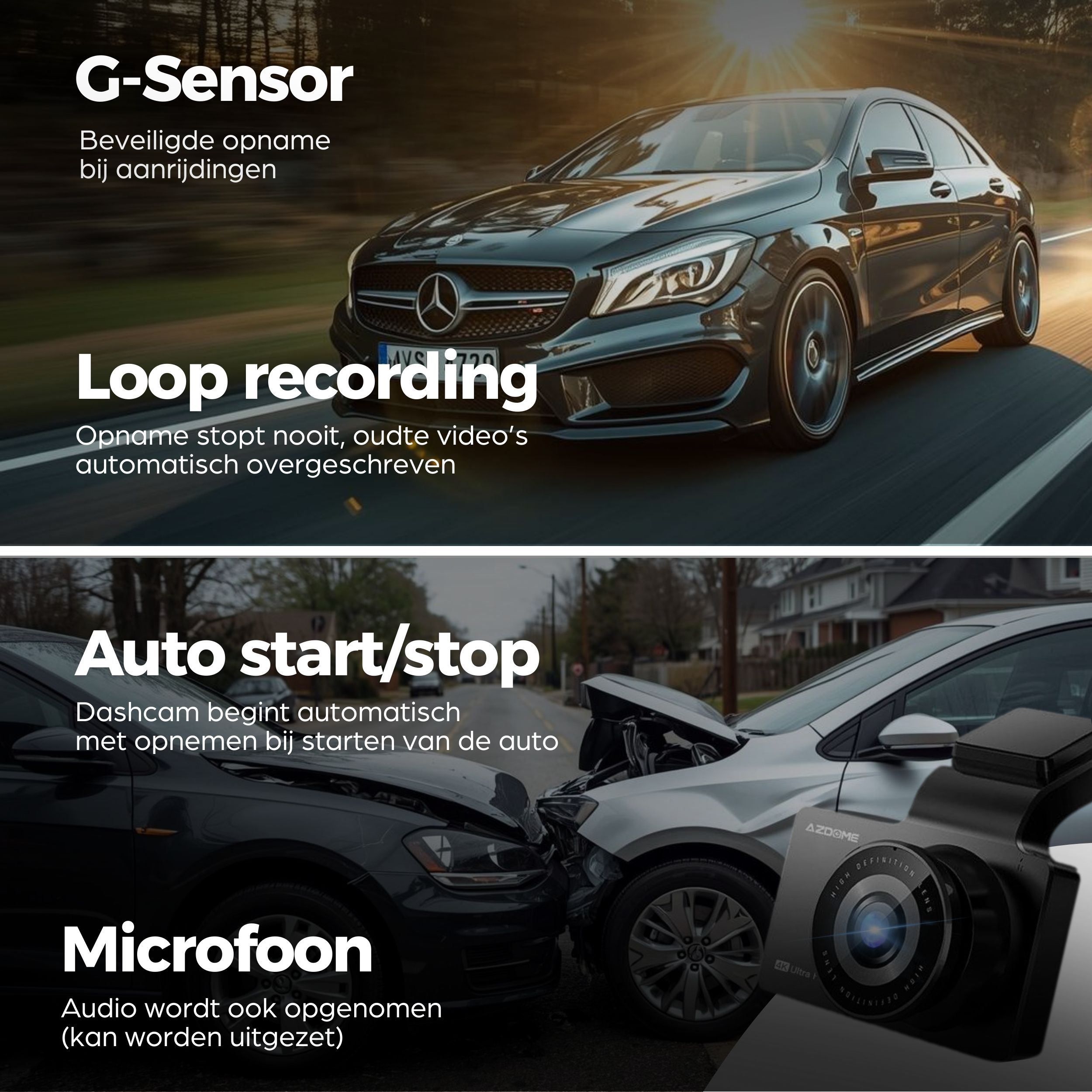 Drie dashcam functies: G-sensor, loop recording, auto start/stop, microfoon.