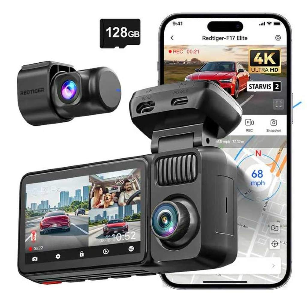 Dashcam met 128GB geheugenkaart, smartphone-app en gedetailleerd display.