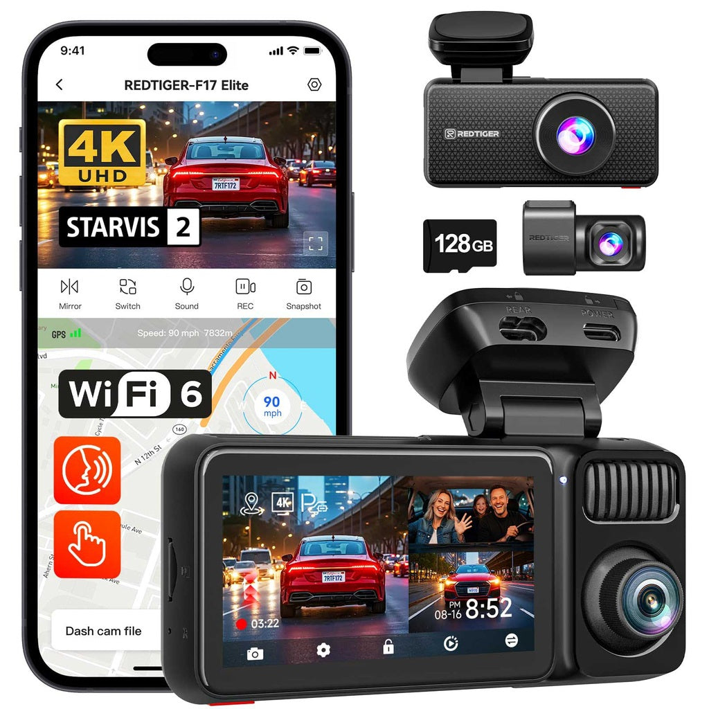 Smartphone toont dashcam-app met kaart. Naast: dashcam, 128GB kaart en achteruitrijcamera.