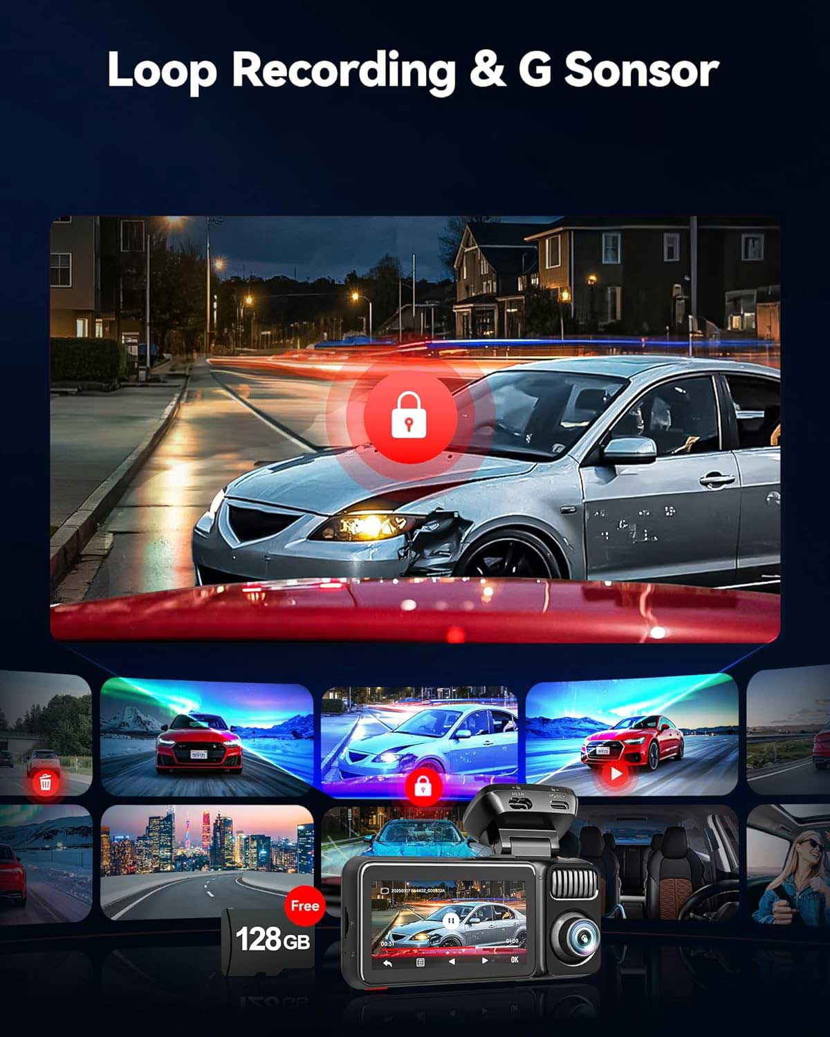 Auto dashcam display met beelden van auto's en steden, 128GB gratis.