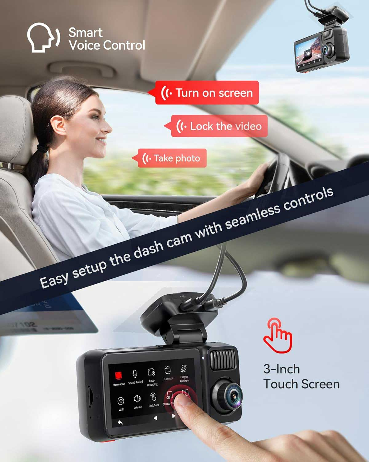 Een vrouw rijdt auto, dashcam met spraakbediening en touchscreen.