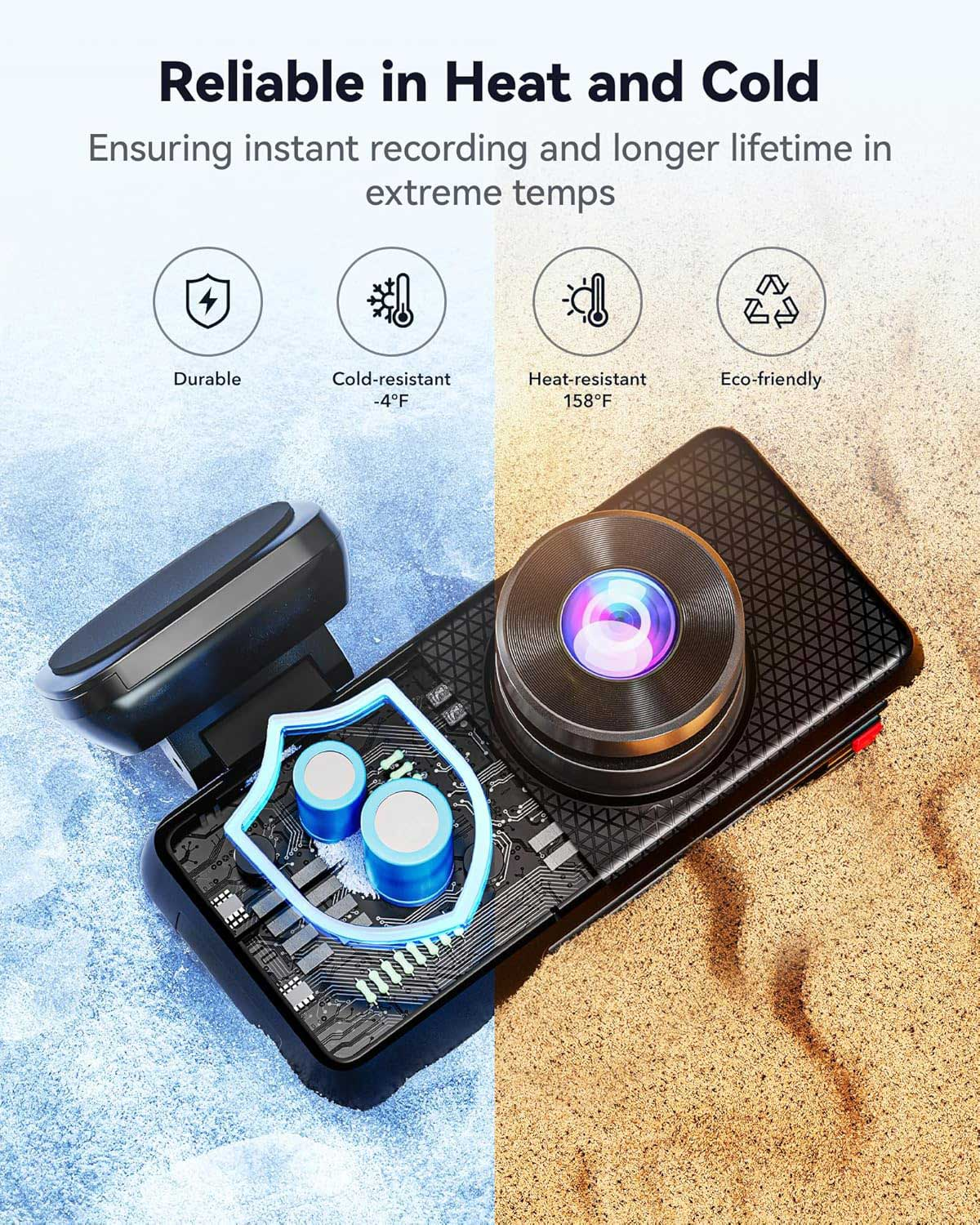 Apparaat met iconen voor duurzaamheid, kou- en hittebestendigheid op zand en ijs.