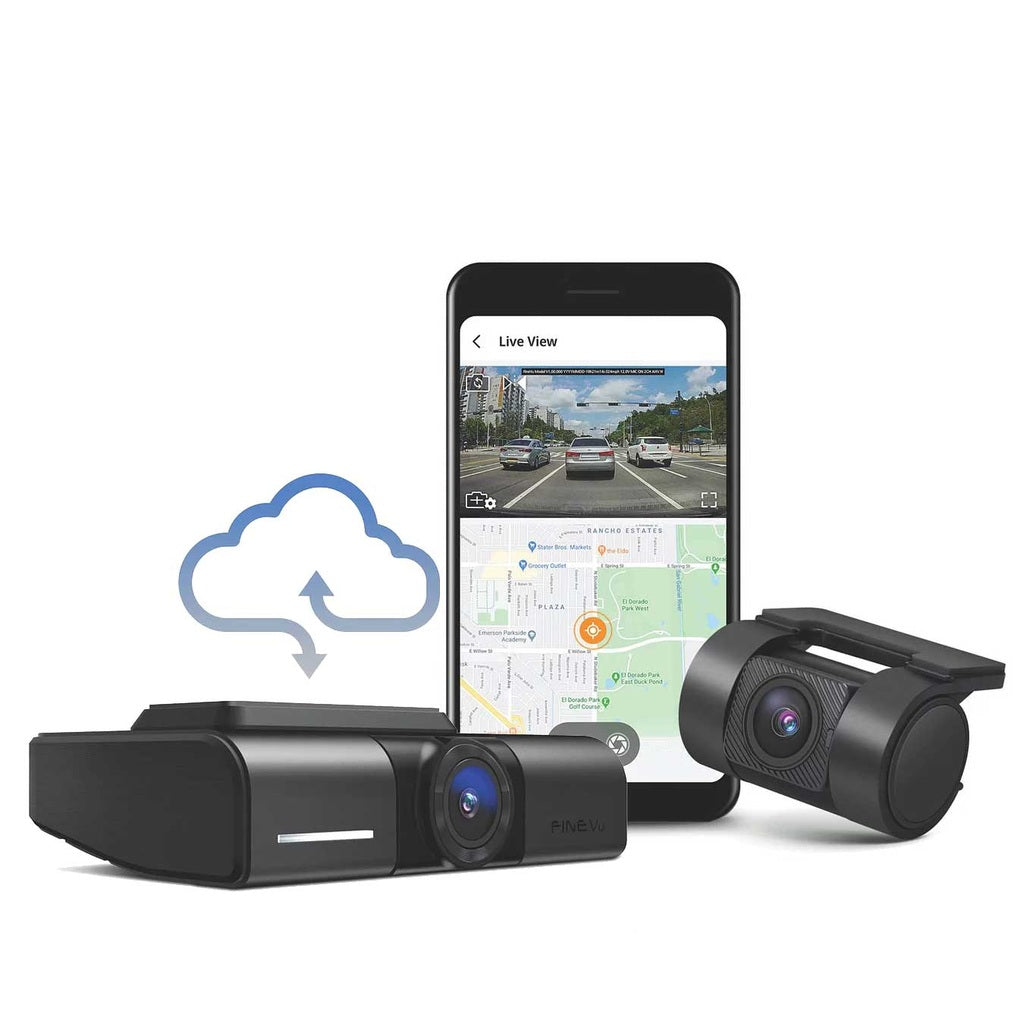 Twee zwarte dashcams, één met een smartphone-app die een straatscène en een kaart toont.