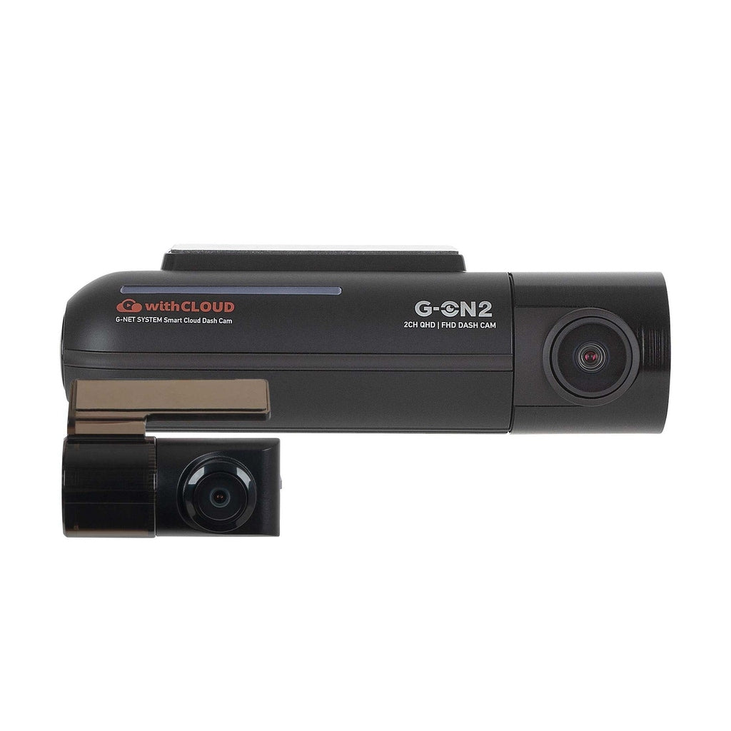 Een zwarte 2-kanaals dashcam-recorder met opschrift "withCLOUD" en "G-ON2".