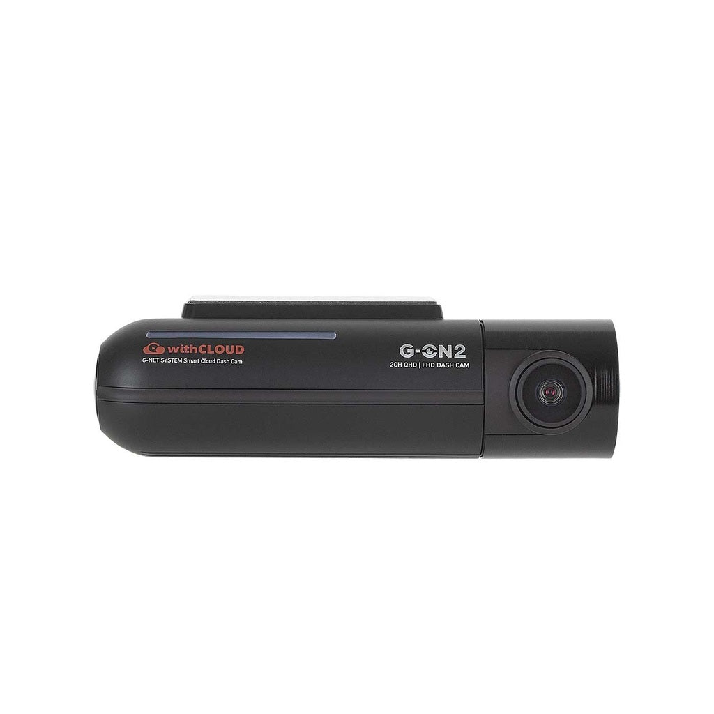 Een zwarte G-CN2 dashcam met 'withCLOUD'-logo op witte achtergrond.