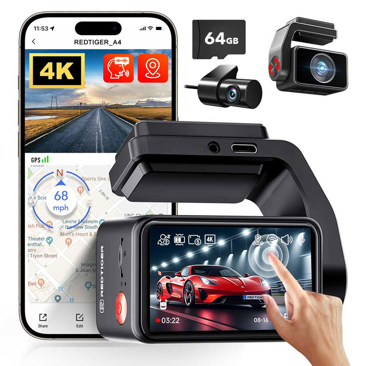 Dashcam set met smartphone, 64GB kaart, hoofdcamera en secundaire camera.