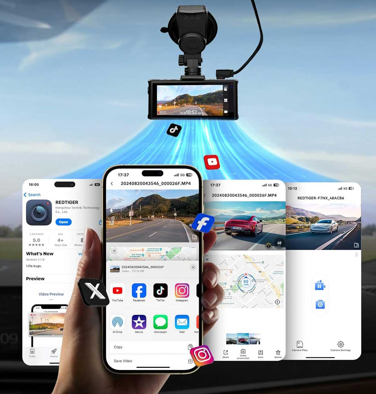 Een hand houdt een smartphone vast met app-interface. Een dashcam is erboven zichtbaar.