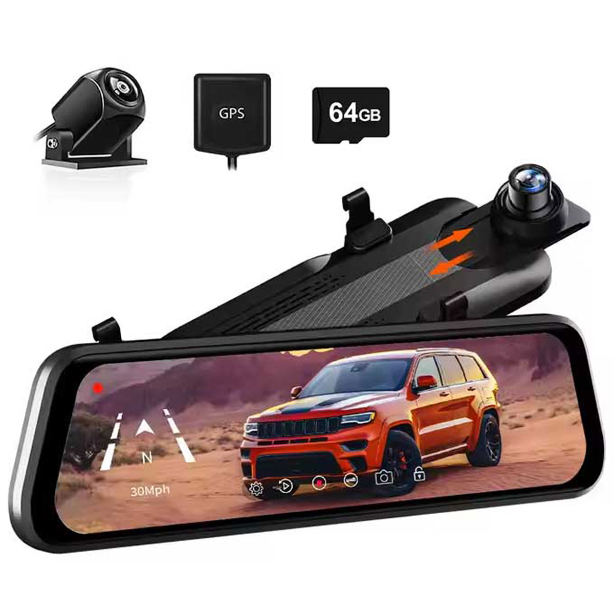 Dashboardcamera met GPS en 64GB kaart. Toont een oranje auto op het scherm.