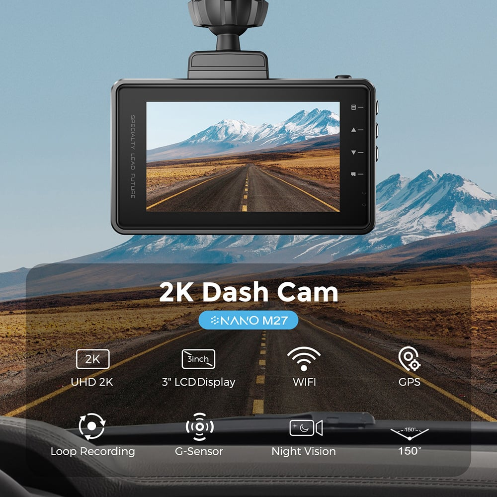 2K Dash Cam met 3-inch display, WiFi, GPS, loop-opname, G-sensor, nachtzicht.