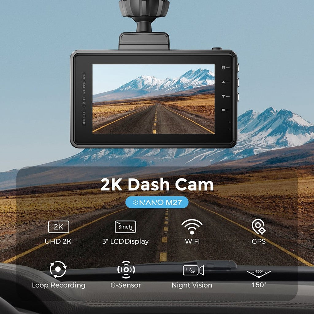 2K Dashcam toont weg met bergen. Functies: 2K, 3" LCD, WiFi, GPS, Loop, G-sensor, Nachtzicht.