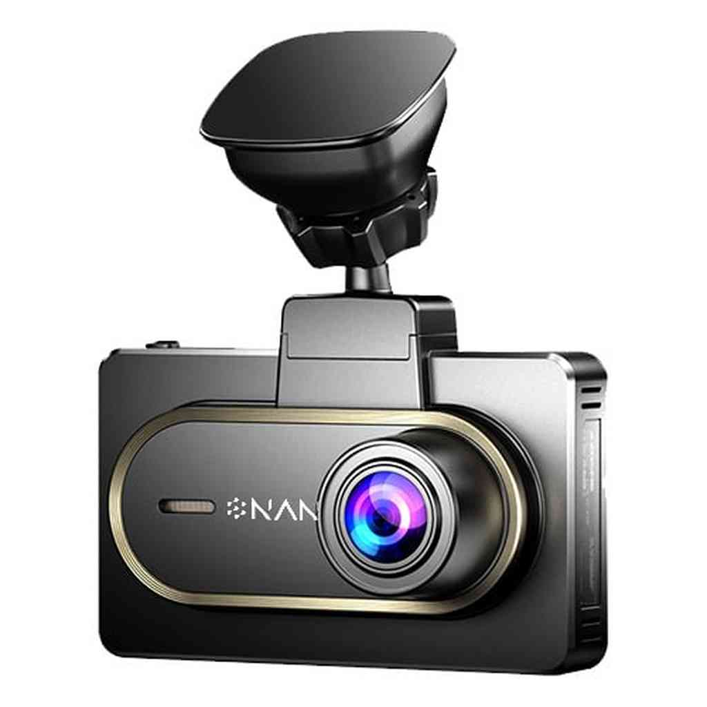 Zwarte dashcam met gouden rand en blauwe lens.