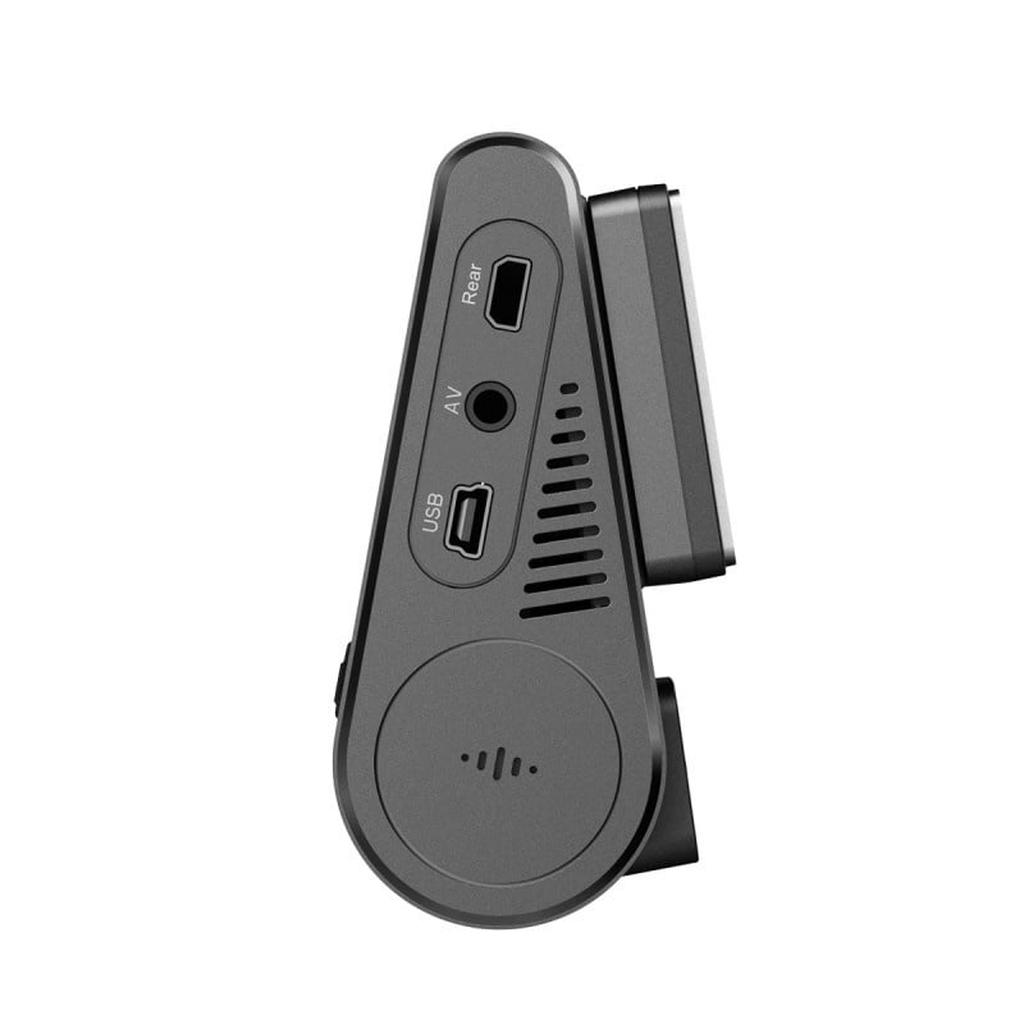 Czarna kamera samochodowa widok z boku z portami USB, AV i tył.