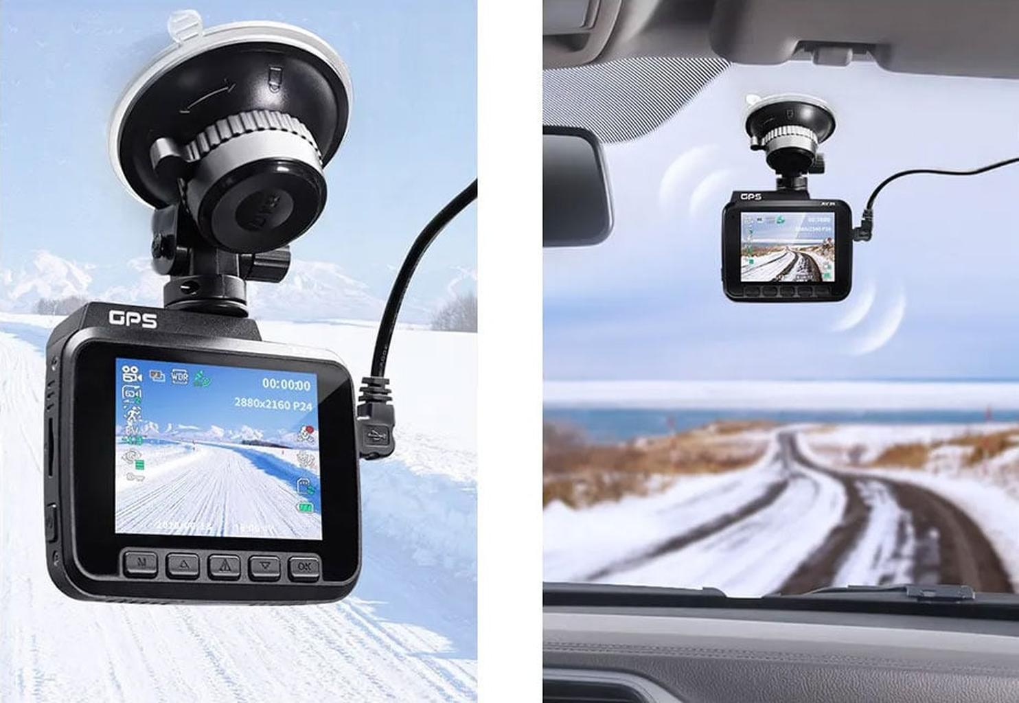 Twee dashcams: één op een voorruit, één in de sneeuw.