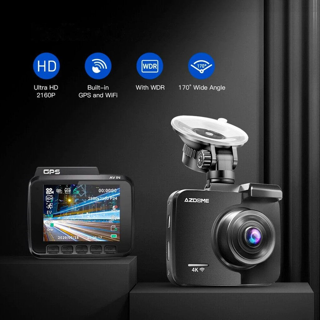 Twee dashcams: één met scherm, één met lens. HD, GPS, WDR.