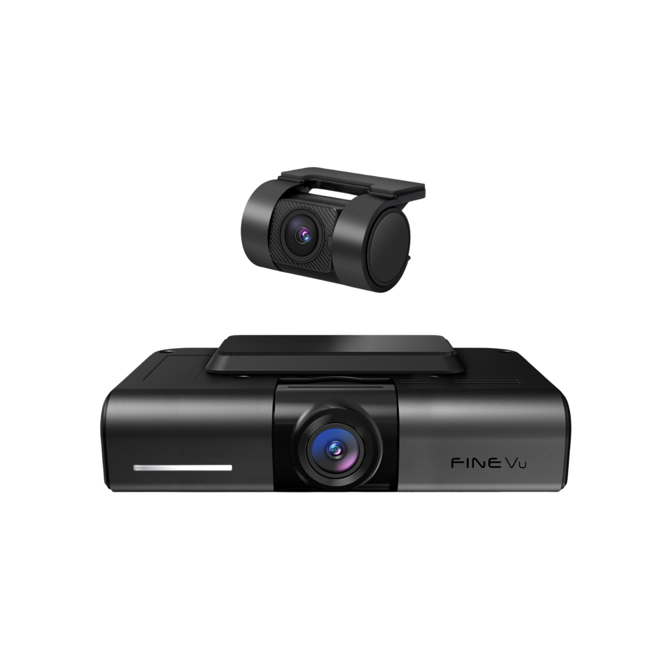 Twee zwarte dashcams, de ene boven de andere, op witte achtergrond.
