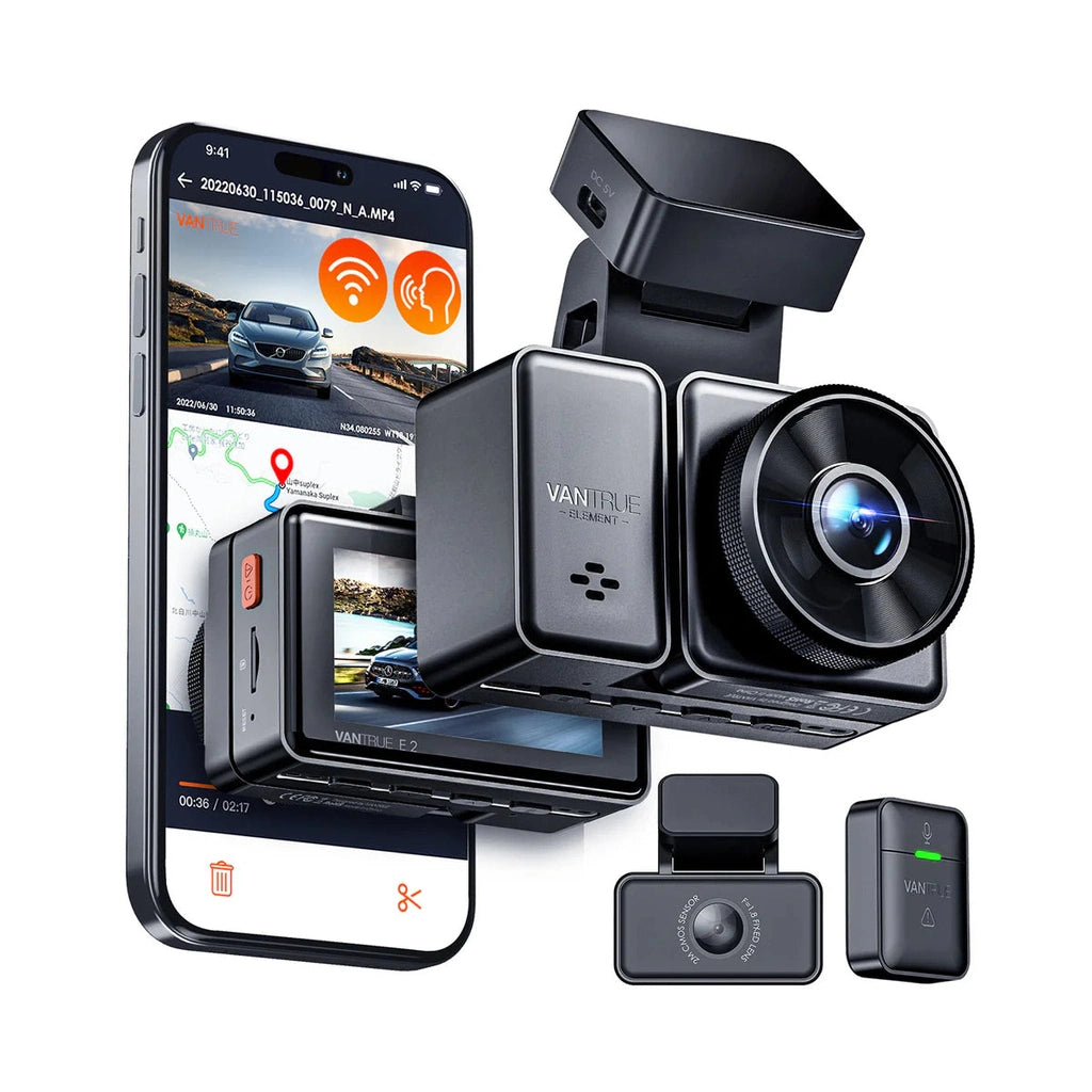 A smartphone shows a dashcam app with map and video. Dashcam components are beside it.