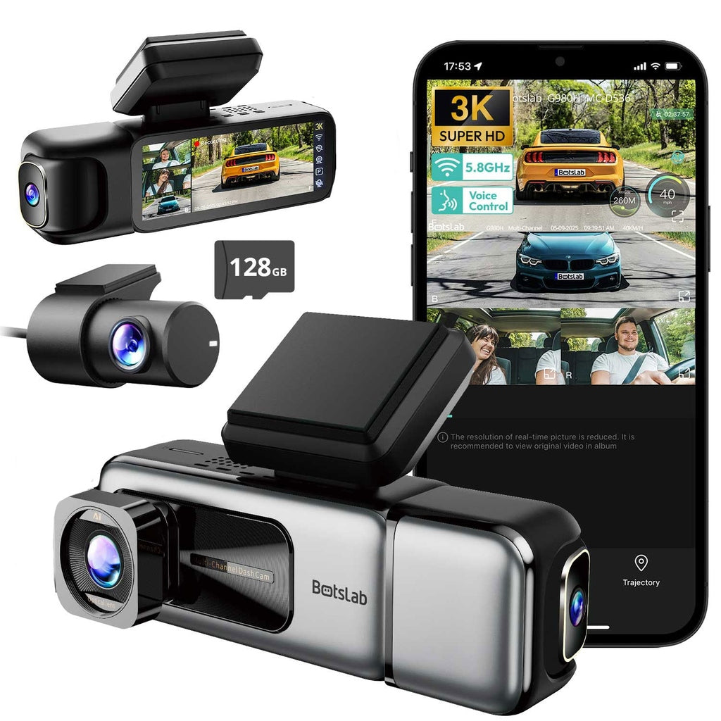 Twee dashcams, een smartphone met video en een 128GB geheugenkaart.