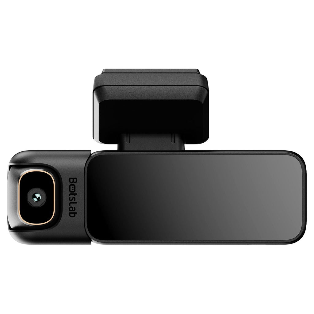Zwarte dashcam recorder met lens en scherm.