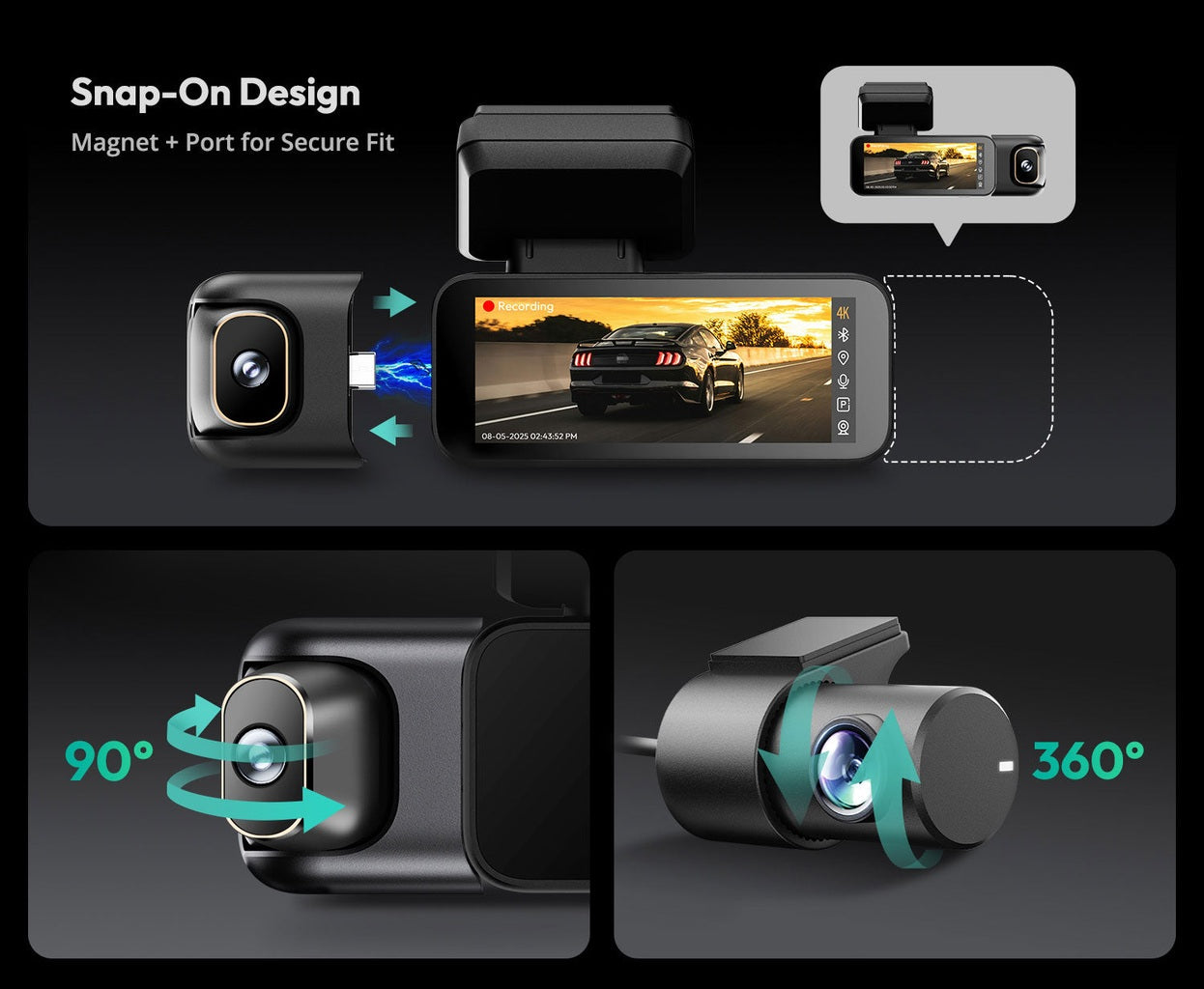 Dashboardcamera met magnetisch klikontwerp, 90°/360° draaibaar.