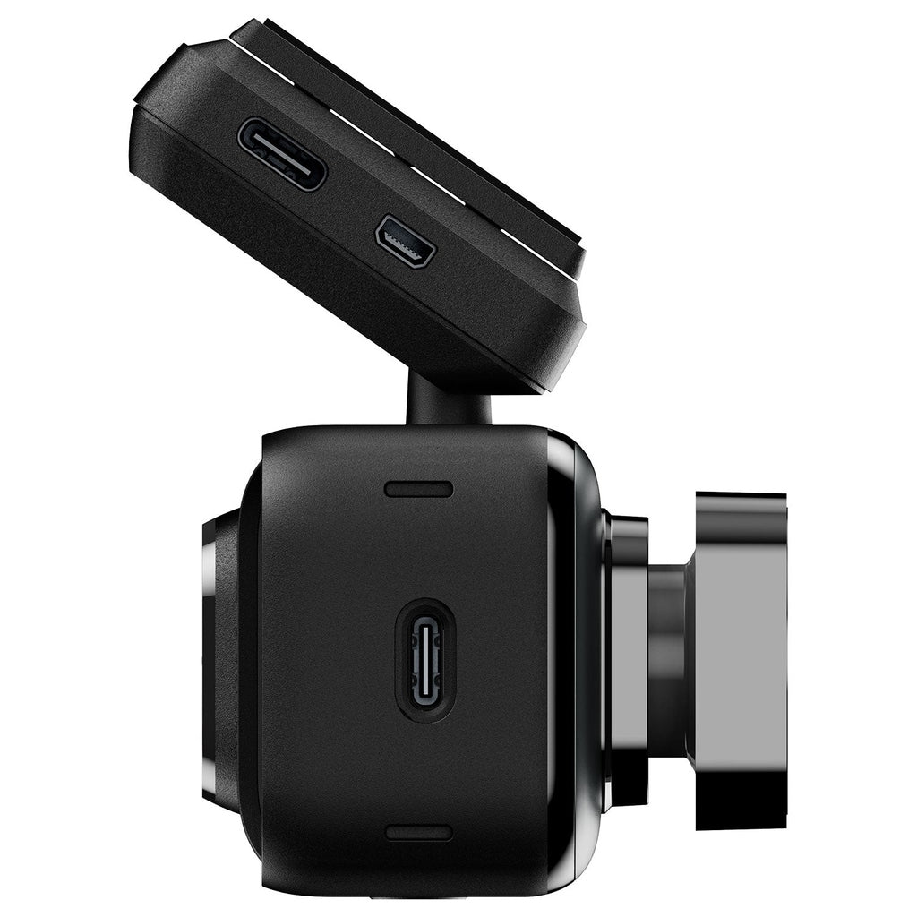 Zijaanzicht van een zwarte dashcam met USB-C en mini-USB poorten.