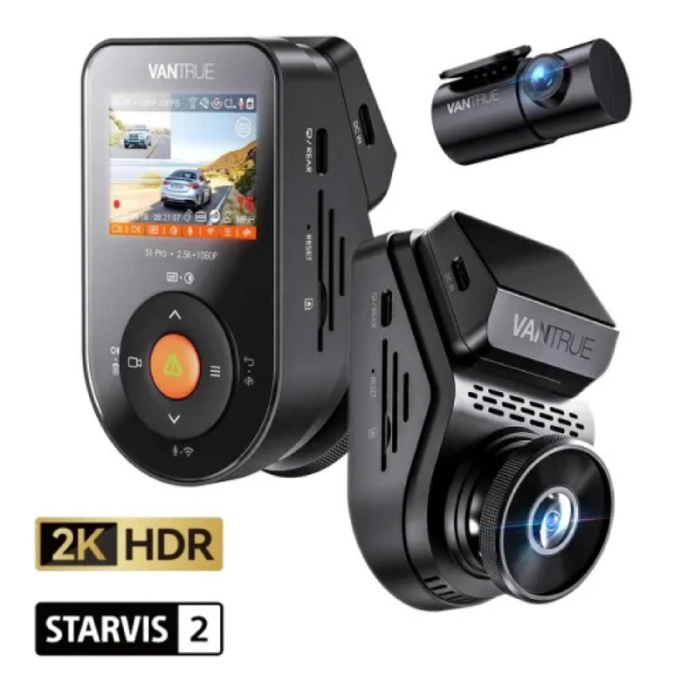 Two Vantrue dash cams, one with screen, one without. 2K HDR and STARVIS 2.