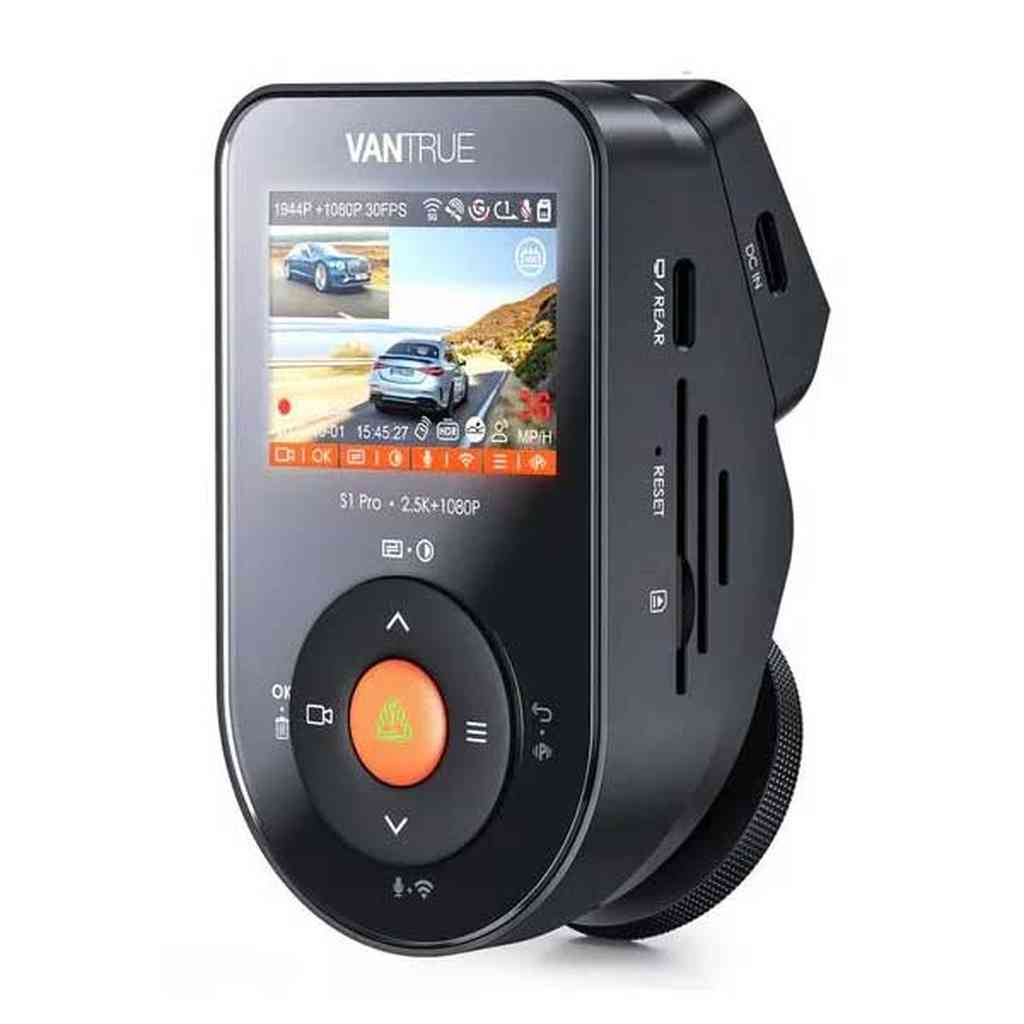 A black Vantrue dashcam with a display showing cars on a road.