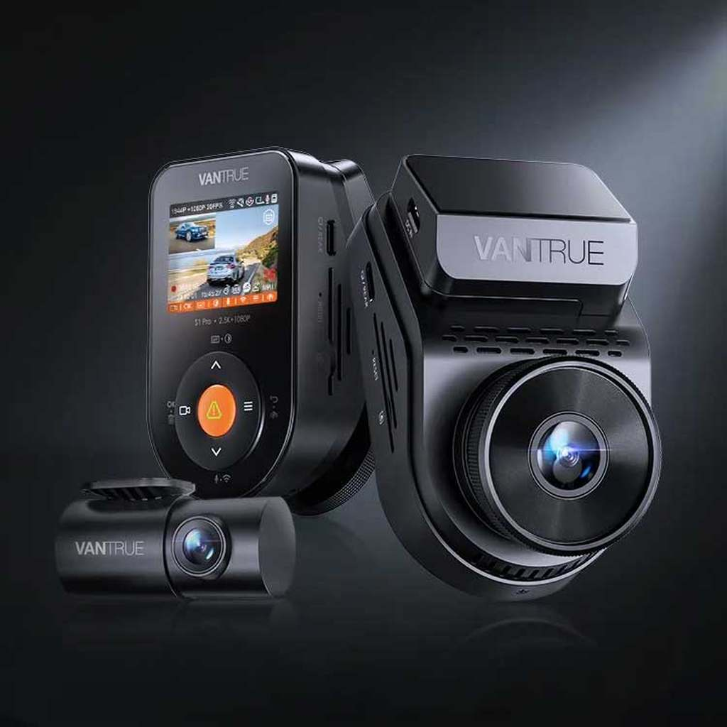 Three Vantrue dashcams in various sizes against a dark background.