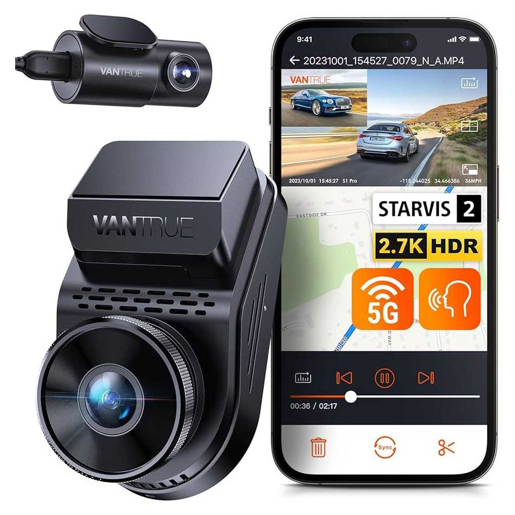 Two black dash cams and a smartphone displaying a recording.