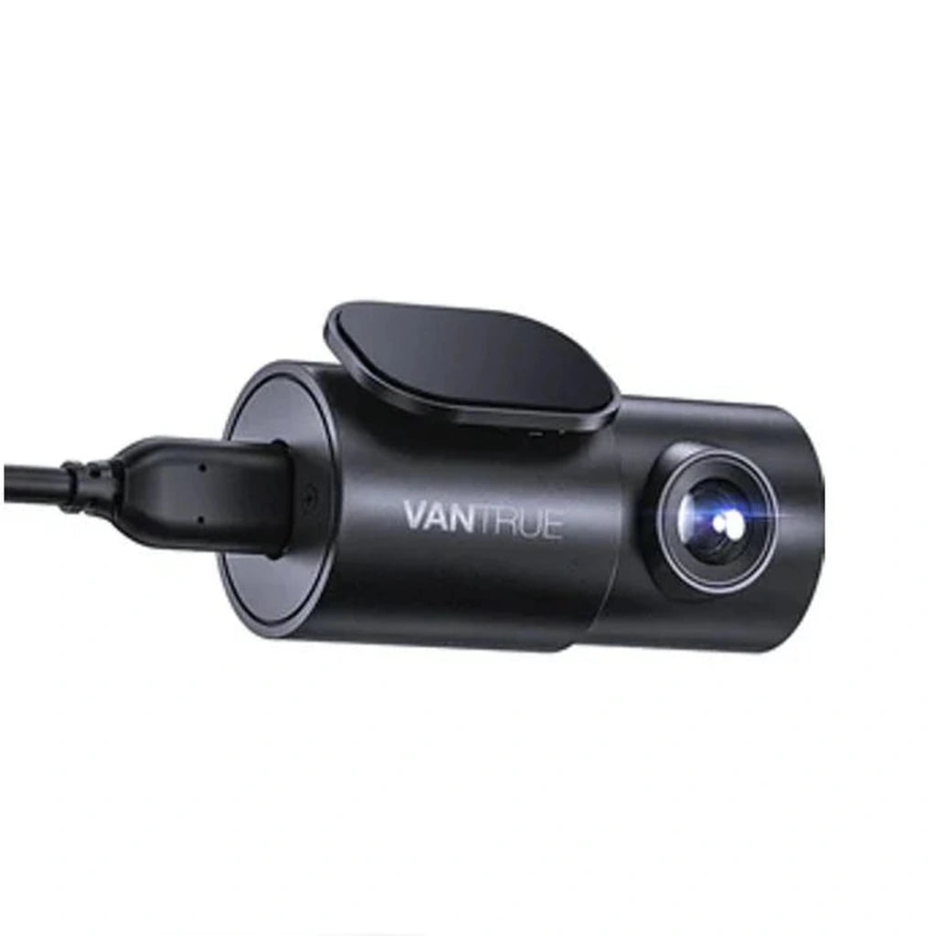 Small black Vantrue dashcam with USB cable and lens.