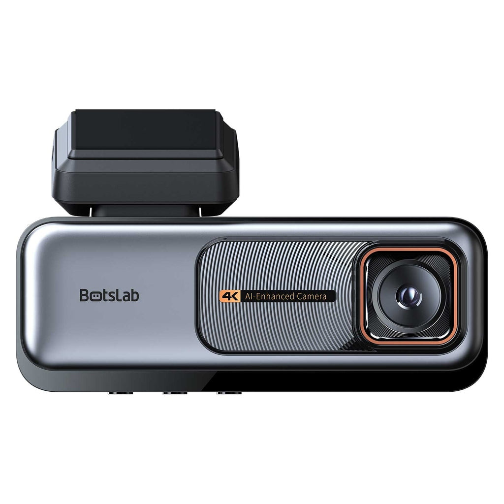 Dashcam grigia con attacco nero. Scritta "Botslab 4K AI-Enhanced Camera".