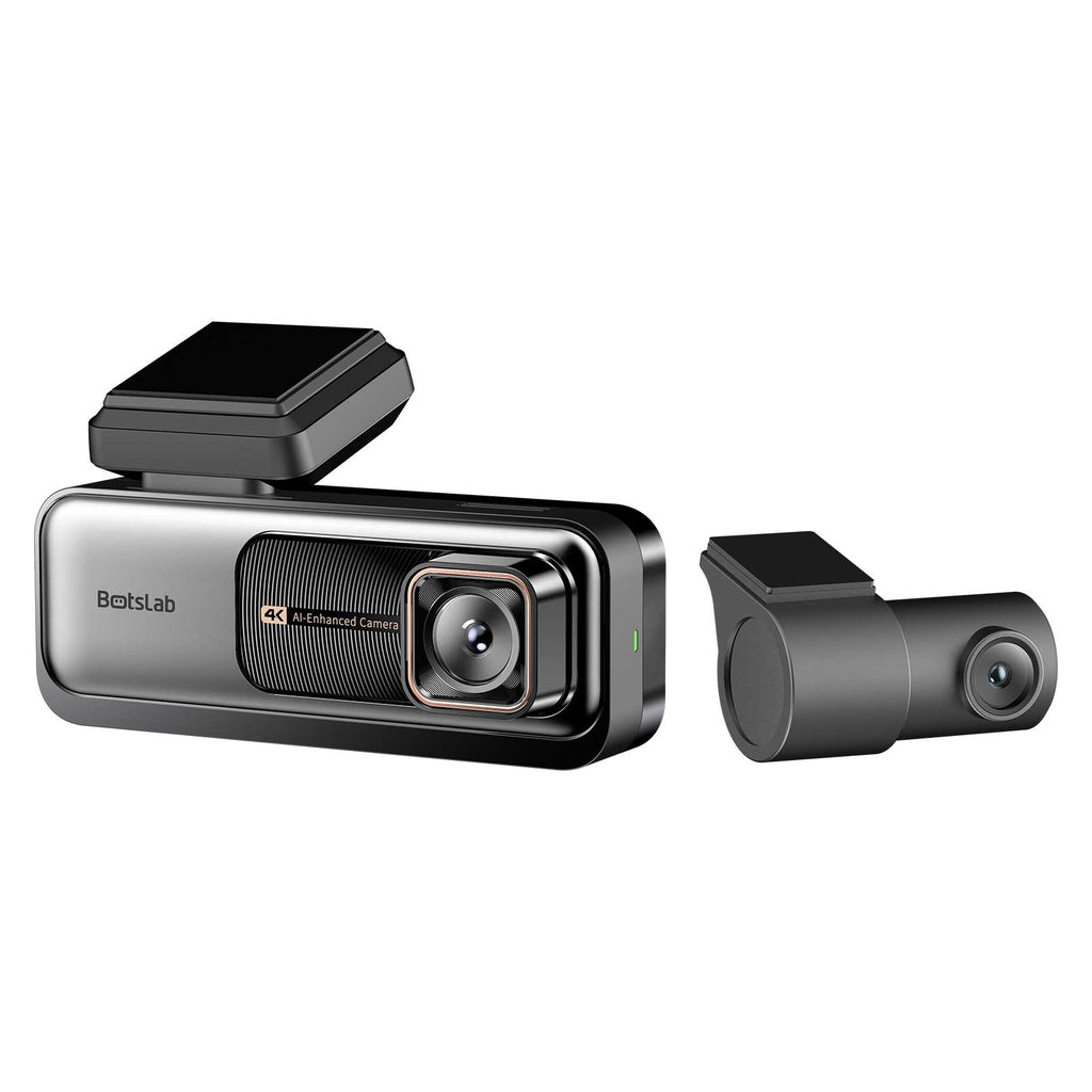 Due dashcam nere con accessori neri su sfondo bianco.
