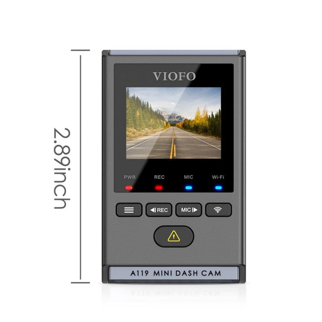 Grijze VIOFO dashcam, 2,89 inch, toont een weescène.