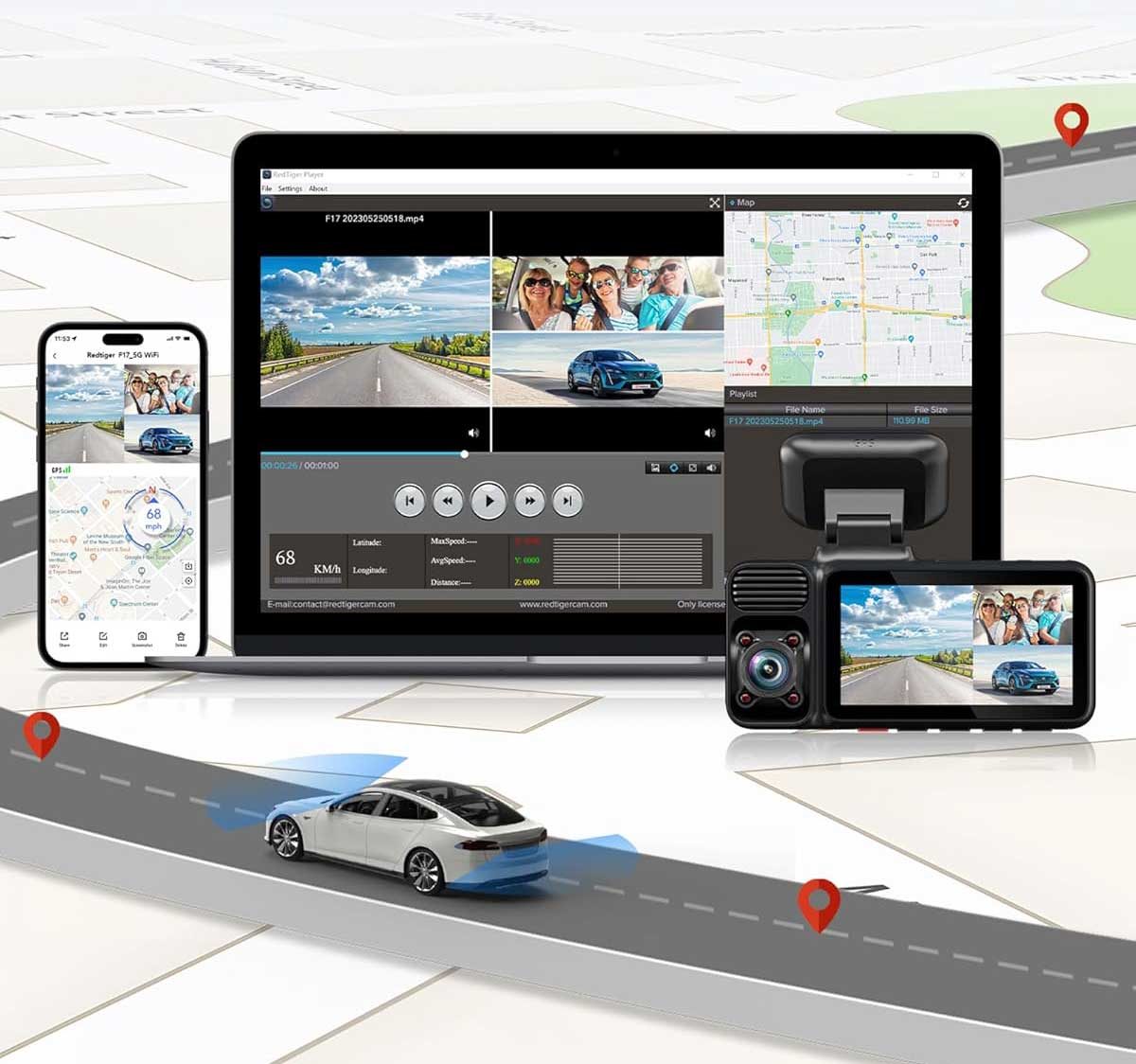 Een smartphone, laptop en dashcam tonen weergaven van de weg en kaarten.