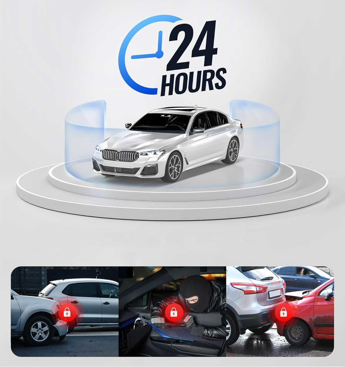 Witte auto op podium met "24 UUR" logo; onderaan autodieftalscenes.