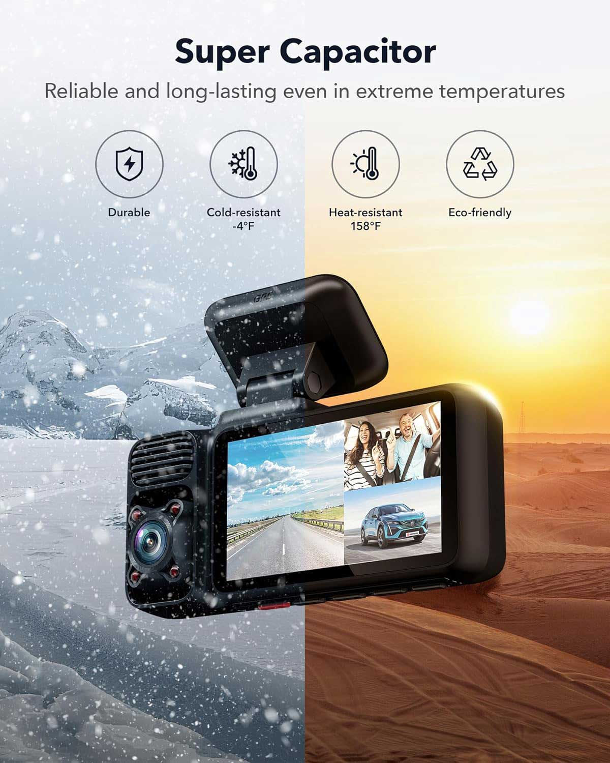 Dashcam toont weg, stel, auto. Achtergronden: sneeuw, woestijn. Tekst: Supercondensator.
