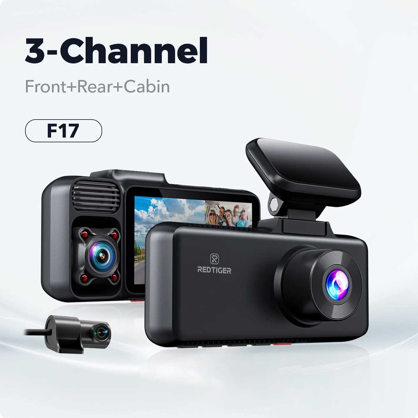 3-kanaals F17 dashcam met camera's voor, achter en cabine.