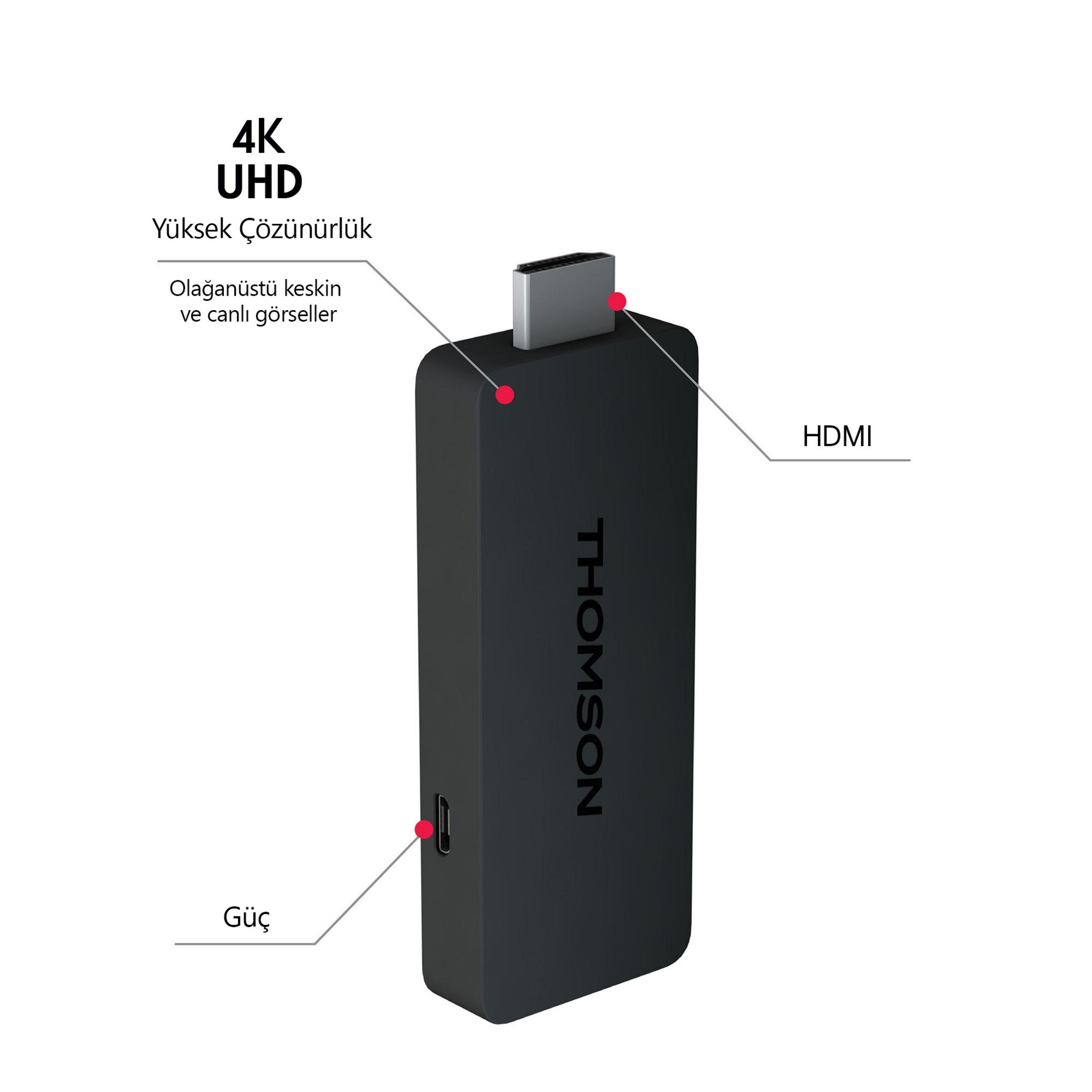 Dispositivo Thomson HDMI negro con resolución 4K UHD y puerto de alimentación.