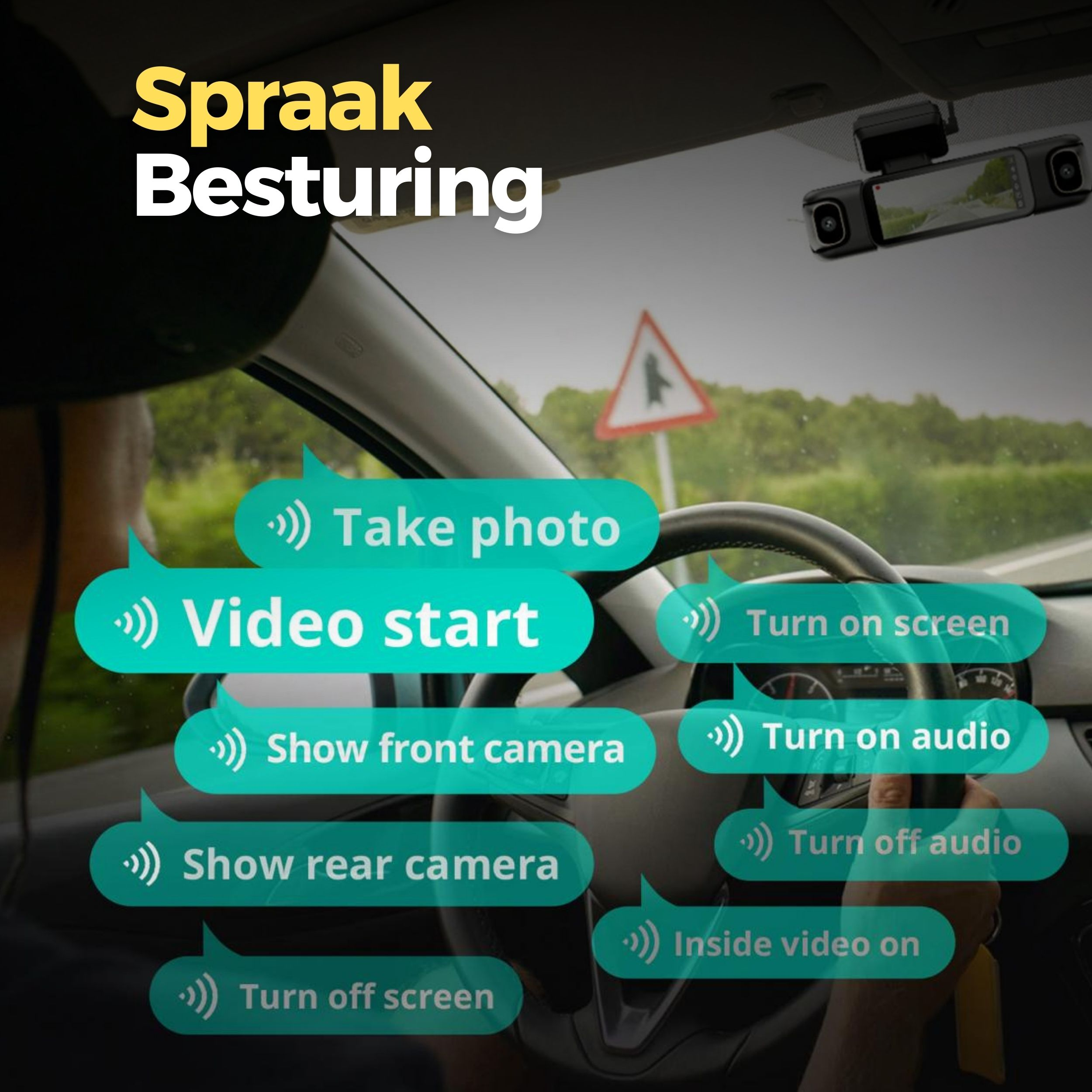 Autista in auto con opzioni di comando vocale: scatta foto, avvia video, mostra telecamere, schermo.