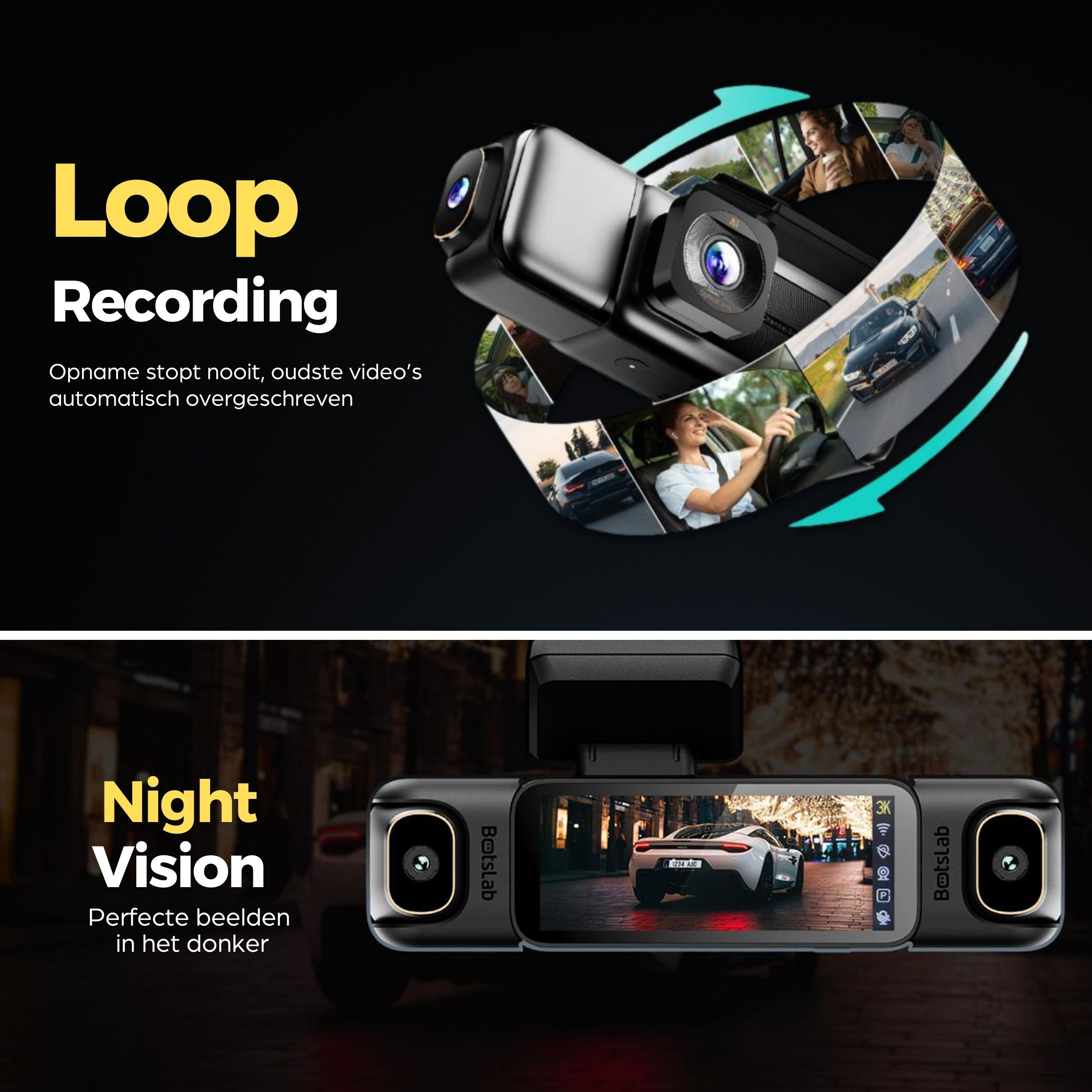 Twee dashcams: één met "Loop Recording", de andere met "Night Vision".