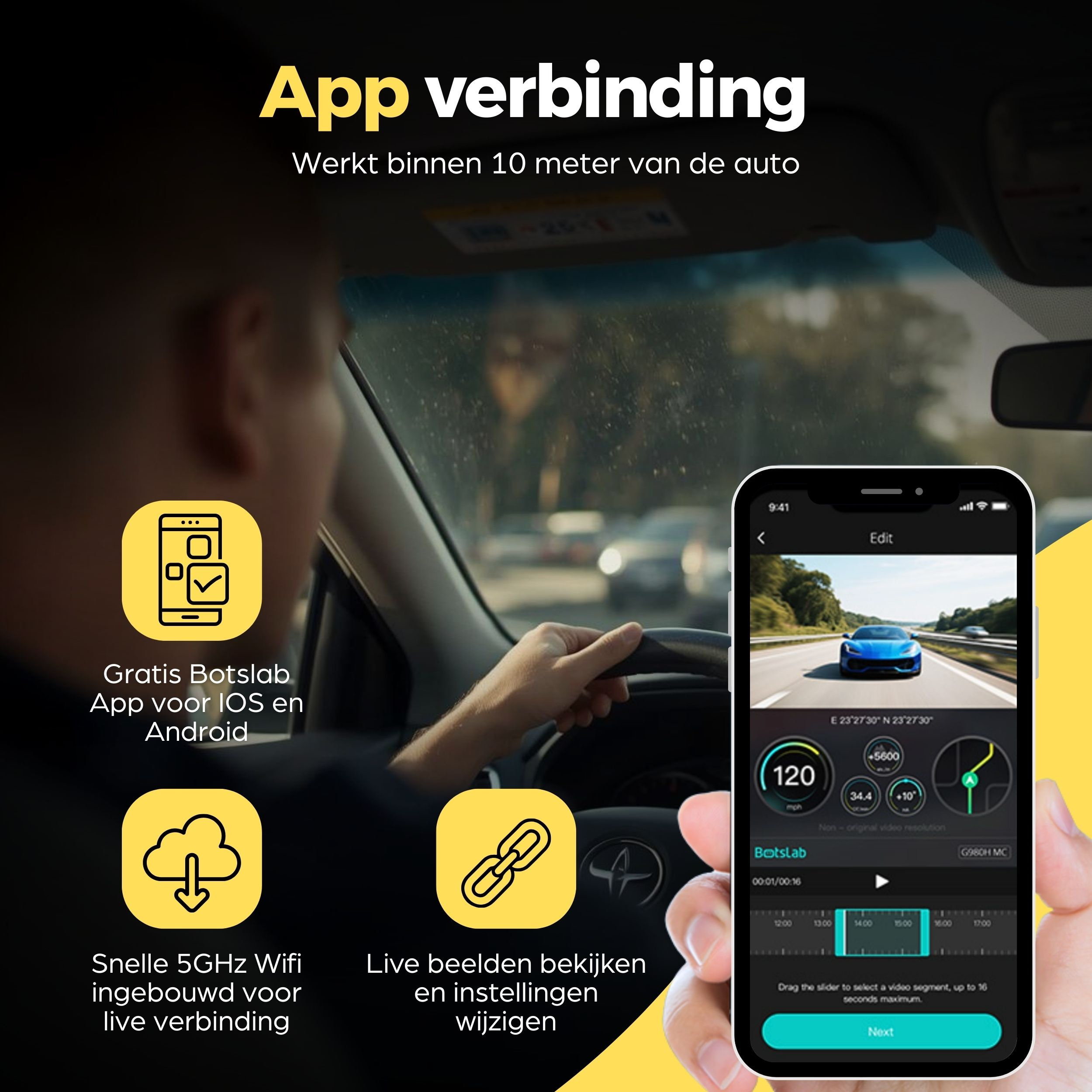 Uomo guida auto; smartphone mostra app auto sportiva blu con dati di guida.