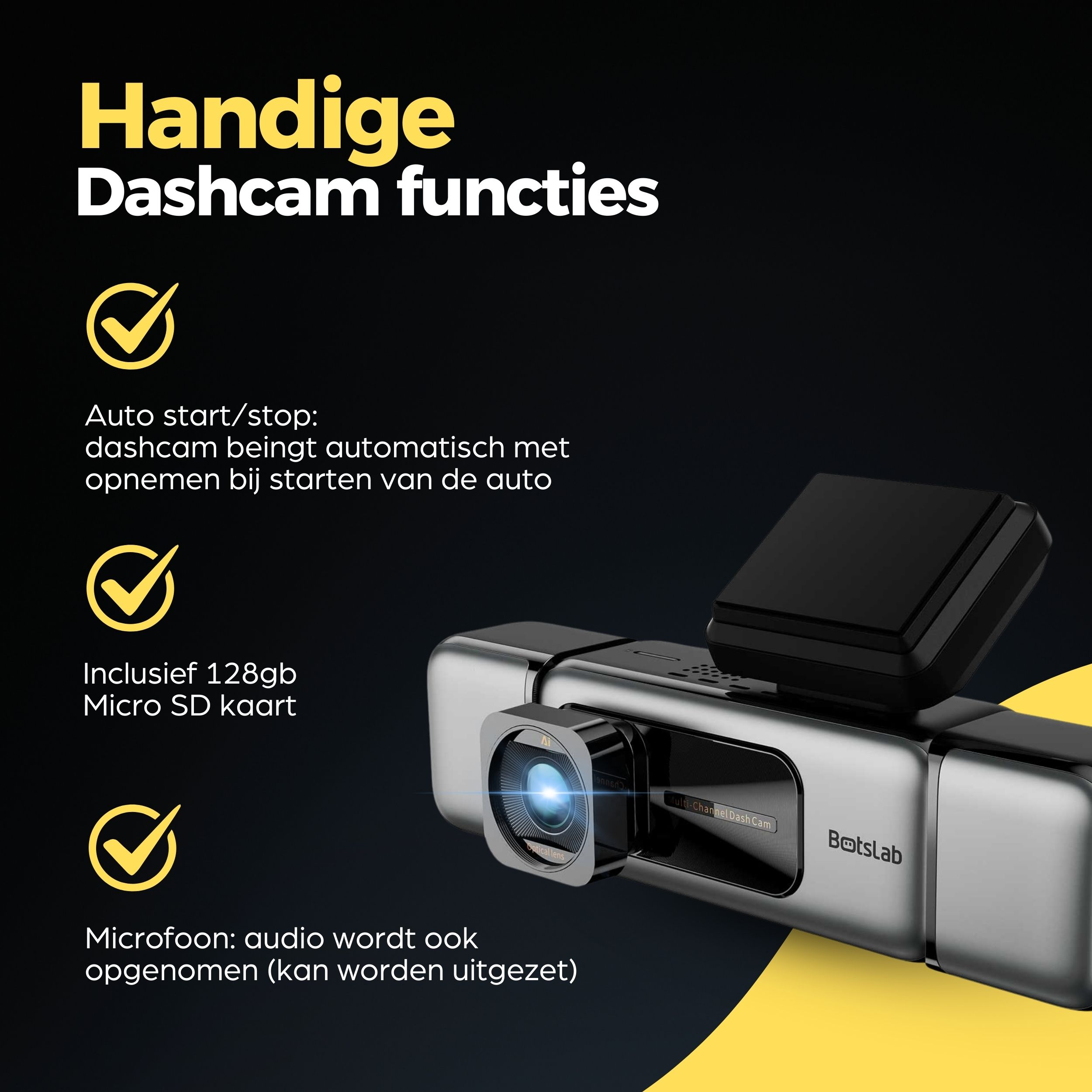 Dashcam grigia con segno di spunta giallo e testo che elenca le funzioni.